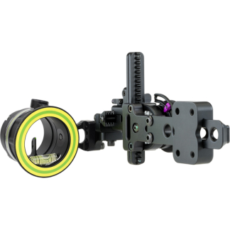 Follow-focus camera rig showing a green-yellow circular ring for precise focus control and a bubble level, mounted on a modular cinema rig.