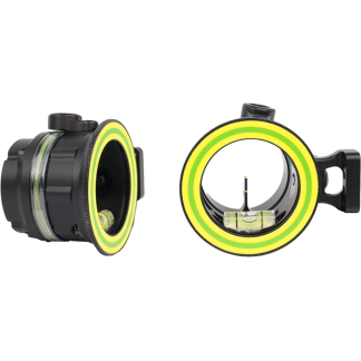 Two circular bubble level components with bright yellow-green rings used to level a camera or tripod setup