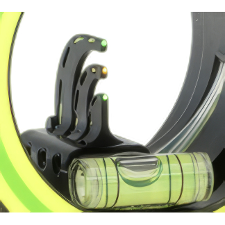 Close-up of a neon yellow helmet revealing a mounting bracket with green LEDs and a built-in bubble level at the bottom of the image.