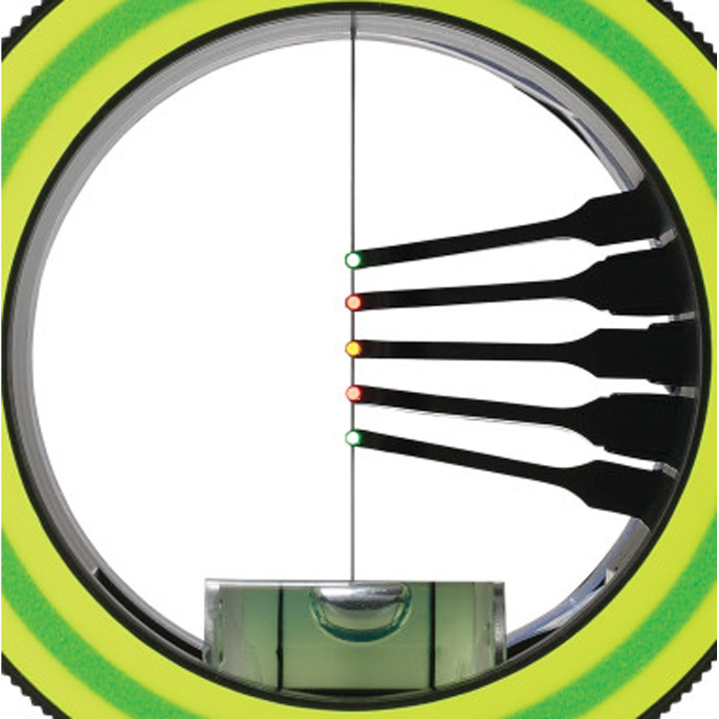 1503470_2 | ATFirearms Circular spirit level with a vertical plumb line and five colored indicators in a bright green frame, used to check level alignment.
