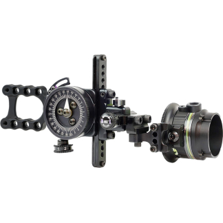 Close-up of a precision rifle scope with mounting rail and adjustment dials.