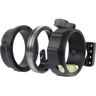 Disassembled circular camera lens adapter with a built-in bubble level, three rings laid apart.