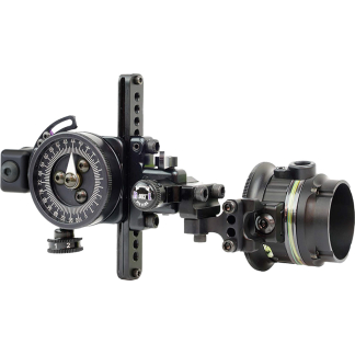 Precision riflescope with adjustment dials and a front lens, shown mounted on a rail system