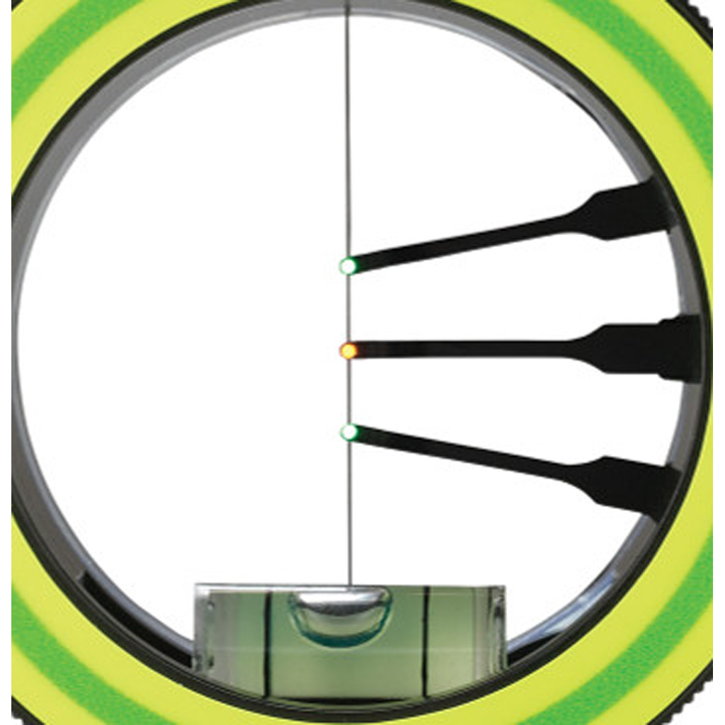 1503498_2 | ATFirearms Circular spirit level (bubble level) viewed head-on, with three glowing indicator dots along the vertical center and a bubble vial at the bottom edge.