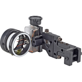 Close-up of an optical sight assembly with a circular lens housing and wiring mounted on a metal bracket.