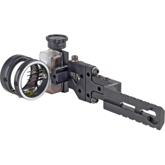 Close-up of a black mechanical archery bow sight with circular sight ring, adjustment knob, and mounting rail for aiming accuracy