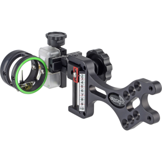 Archery bow sight with a green-ringed circular lens, bubble level, and vertical yardage scale on a black metal frame.
