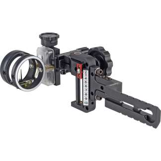 Close-up of an adjustable rifle/archery sight with circular lens housing on the left, vertical numbered scale, and mounting rail on the right.