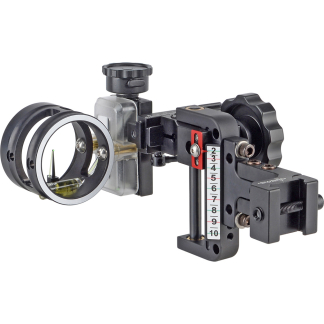 Precision optical alignment tool with a vertical measurement scale and multiple adjustment knobs for positioning components accurately.