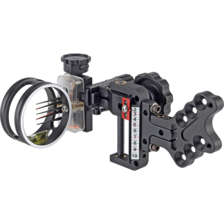 Archery sight with circular pin ring, six aiming pins, and a yardage scale (2–10) for distance setting on a bow.