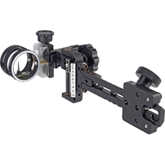 Adjustable rifle optic with circular lens, dial knobs, and a numbered scale for precise aiming.