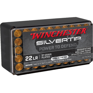 Winchester Silver Tip .22 LR ammunition box showing 50 hollow-point rounds with visible copper bullets and bold branding on the label.