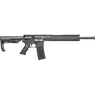 AR-15 style rifle with collapsible stock, pistol grip, 30-round magazine, and long quad-rail handguard on a white background