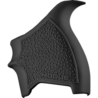 Close-up of a black textured rubber gun grip panel with the Hogue logo and raised dots for grip texture