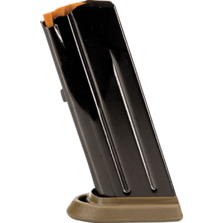 Black handgun magazine resting on a beige base, angled upright.