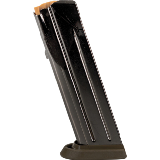 Black pistol magazine with the top cartridge visible, resting on a brown base.