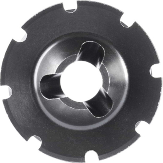 Circular metal rotary blade with six notches around the outer edge and a central hub, viewed from above