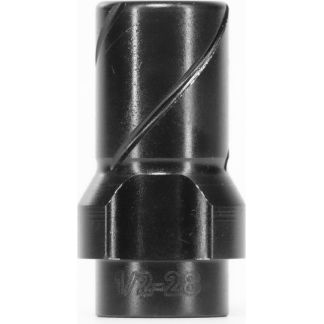 Close-up of a black metal tool adapter with a diagonal groove and 1/2-28 marking.