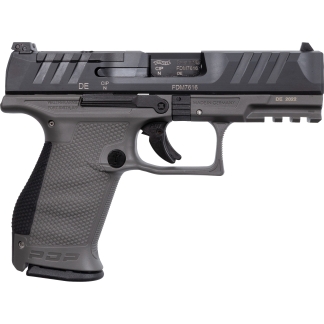 Side view of a gray Walther semi-automatic pistol with a textured grip and accessory rail on the frame.
