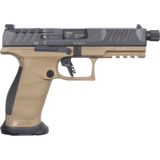 Right-side view of a tan-and-black semi-automatic pistol with a textured grip and accessory rail.