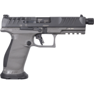 Side view of a gray Walther-style air pistol with textured grip, serrated slide, and accessory rail on a white background.
