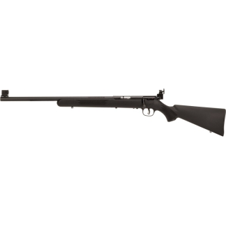 Long-barreled bolt-action rifle with a black synthetic stock shown in side profile on a white background.