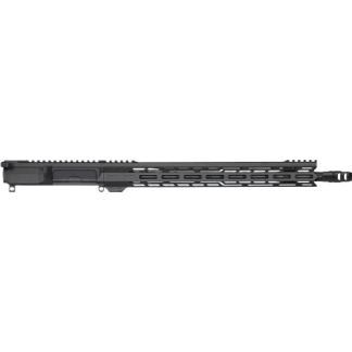 Black modular rifle shown in profile with a long, perforated handguard and top rail system.