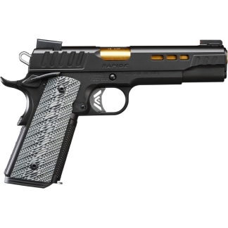 Profile view of a black semi-automatic pistol with a textured gray grip, gold-colored chamber area, and tactical sights for a close-up show of the firearm's details