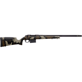 Bolt-action rifle with a tan/black camouflage stock and long barrel, shown on a white background