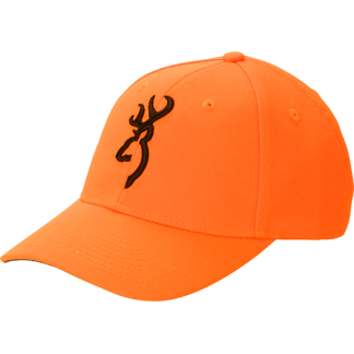 Orange baseball cap with black embroidered deer logo on the front