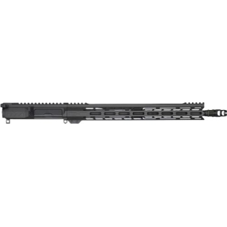 Long black rifle handguard with M-LOK slots and a muzzle device extending at the right side