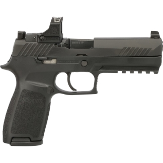 Side view of a black SIG Sauer semi-automatic handgun with textured grip, serrated slide, and accessory rail seen from the left profile.
