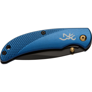 Blue folding pocket knife with a textured blue handle, black blade, and brass accents, shown in the closed position.