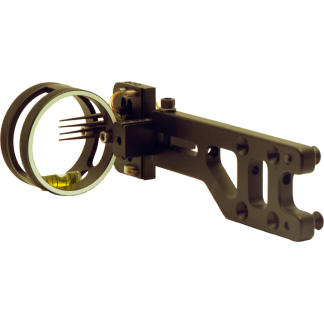 Archery sight attachment: circular ring with pins on a black mounting bracket used for aiming.