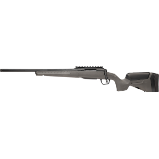 Bolt-action precision rifle shown in side profile with a long barrel and gray stock from the left side