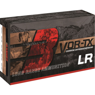 Box design for VOR-TEK long-range ammunition cartridges/cartouches with mountainous background and red emblem imagery