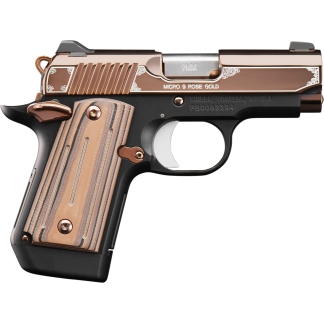 Close-up of a rose-gold and black handgun with a decorative slide and wood grip, shown from the left side