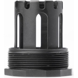 Black metal cylindrical mechanical part with vertical slits and threading, resting on a hexagonal base on a white background