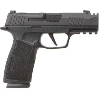 Side view of a black semi-automatic pistol with a textured grip, trigger guard, and SIG SAUER branding on the slide.