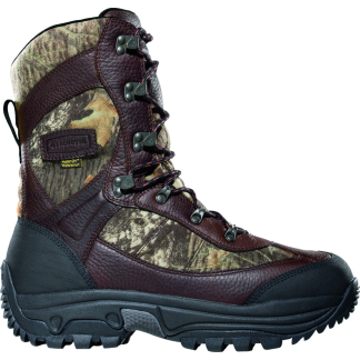Camouflage hiking boot with brown leather overlays and a rugged black sole, laced up for outdoor use