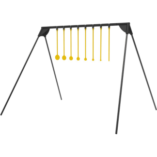 Black metal playground swing set with a top bar and a row of yellow ropes ending in discs hanging from the bar