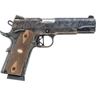 Side view of a semi-automatic pistol with a camouflage finish and brown wooden checkered grip segments on the handle.