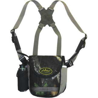 Camouflage hunting chest rig with adjustable straps and a front pocket, including a side water bottle holder.