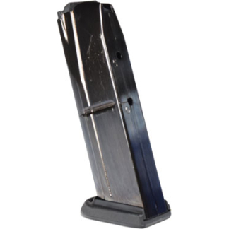 Metal pistol magazine standing upright with a black base plate, used to feed rounds into a handgun.