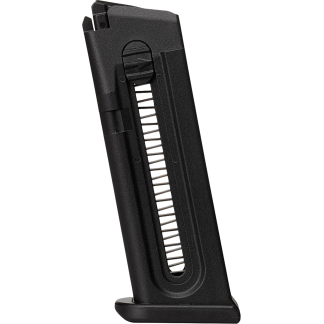 Detachable handgun magazine in black, with visible spring, standing upright on its base.