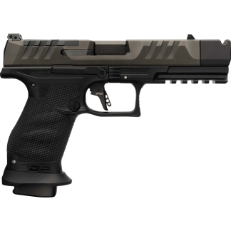 Side view of a black semi-automatic handgun with a textured grip and rails, shown in profile in a left-side view.