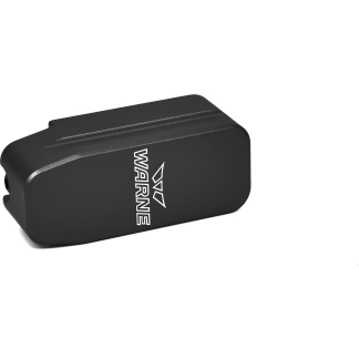 Partially visible black rectangular gadget with curved corners and a white brand logo on the side.
