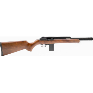 Bolt-action rifle with a polished wooden stock and detachable magazine, left-side view.