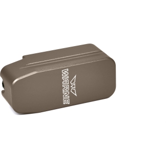 Partial view of a brown rectangular metal case with rounded edges resting on a white surface, brand text visible on the side.