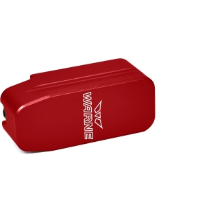 Red rectangular device with rounded corners photographed at an angle, showing white vertical branding along its side.